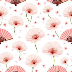 Naklejka na meble Pink Floral Pattern with Japanese Fans