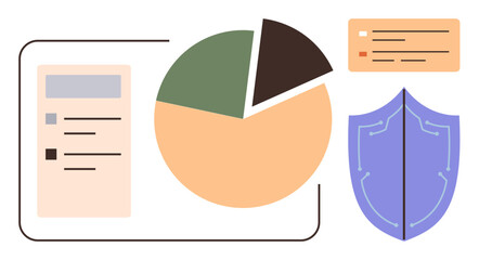 Aufkleber - Pie chart, shield, and analytics dashboard elements symbolize data analysis, cybersecurity, and protection. Ideal for business, finance, security, research strategy technology and risk management