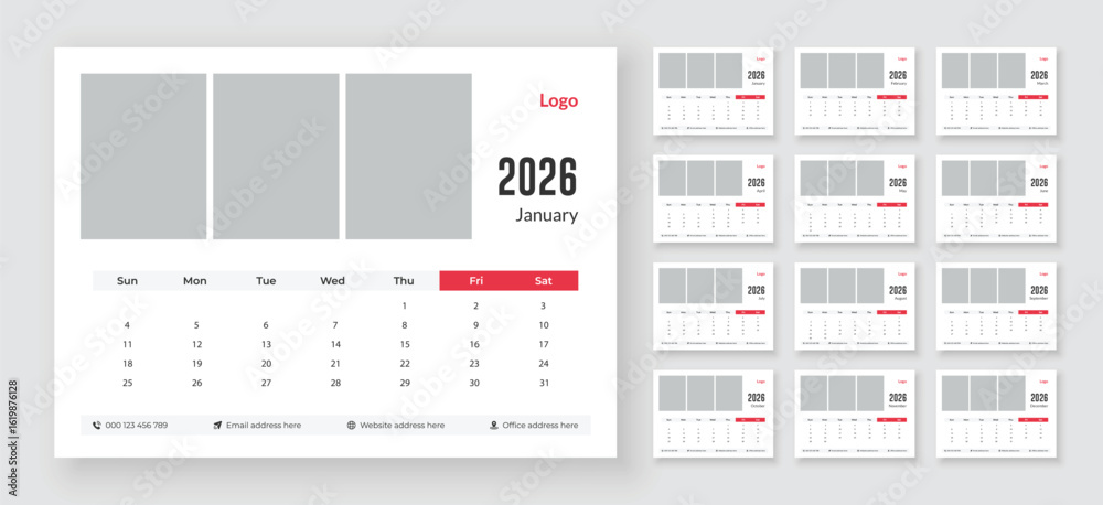Vetor Desk calendar 2026 planner template Monthly calendar layout for Vetor Desk calendar 2026 planner template Monthly calendar layout for