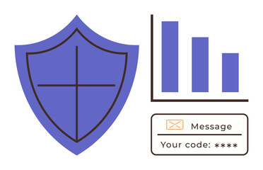 Poster - Shield icon with cross symbol, bar graph representing data, and secure code message emphasizing protection. Ideal for cybersecurity, data protection, encryption, privacy, analytics, authentication