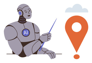 Poster - Humanoid robot holding pointer, explaining the location concept with a map pointer and cloud. Ideal for artificial intelligence, navigation, education, geolocation, technology, future, data