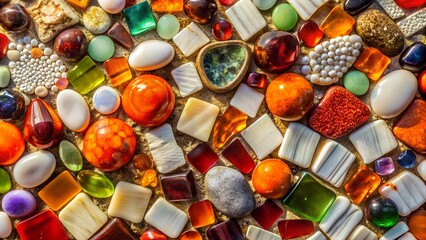 Photo of a vibrant and colorful mosaic pattern made of various small glass and stone pieces, creating a rich texture and abstract background for creative design