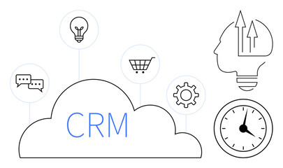 Poster - CRM cloud with chat, ideas, e-commerce, settings gear, head with growth arrows, and clock. Ideal for business, innovation marketing productivity data management technology teamwork. Simple flat