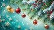 © MD - Photo of closeup of festive christmas tree branches adorned with sparkling gold and red ornaments, surrounded by snowflakes, creating a magical holiday atmosphere