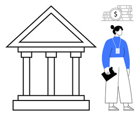 Aufkleber - Traditional bank building icon with coins and a woman holding a clipboard, symbolizing finance, economy, banking, investment, business, wealth, education and economic planning. Simple flat metaphor