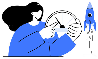 Poster - Woman pointing at a speed gauge as a rocket launches upwards. Ideal for progress, technology, innovation, performance, success, growth, and entrepreneurship. Simple flat metaphor