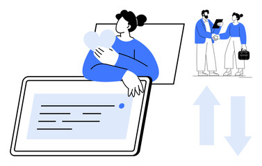 Poster - Woman embracing heart icon on tablet, two people shaking hands, arrows representing exchange or progress. Ideal for business, collaboration, remote work, data flow, communication, relationships