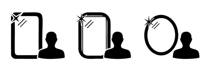 Silhouette vector three mirrors with reflections of a person in black silhouette form on transparent background