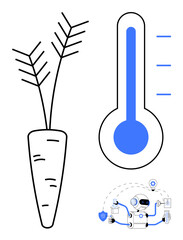 Poster - Carrot root, temperature gauge, and robotic farmer with tools symbolize modern farming, crop optimization, and agricultural innovation. Ideal for technology, sustainability, agriculture, automation