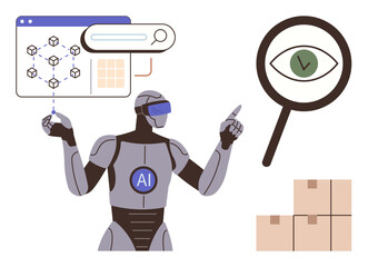 Poster - Robot with AI label uses search tools and data visualization while pointing at logistics and storage boxes. Ideal for AI, automation, machine learning, innovation, logistics, analysis, futuristic