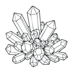 Geometric crystal cluster line outline art with sharp facets and angles. Vector illustration