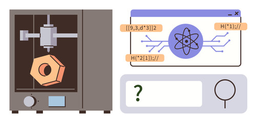 Poster - 3D printer crafting a hexagonal part beside a screen with atomic diagram, coding strings, and magnifying tool. Ideal for technology, AI, research, engineering, design, data analysis simple landing