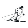 © Graphic Genius - Asian male adult alpine skier skiing on slopes in monochrome silhouette clipart style. Vector illustration