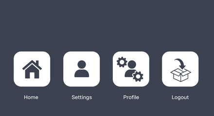 Simple app interface icons: home, settings, profile, logout.
