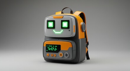 A whimsical backpack, blending form and function with a robot-inspired design. Features a smiley face display and screen for displaying messages