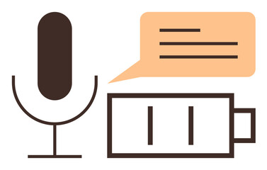 Poster - Microphone, orange speech bubble with text lines, and battery symbol in simple graphic design. Ideal for audio recording, podcasting, sound engineering, communication, energy, digital tools
