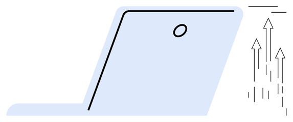 Poster - Open laptop with simplistic design accompanied by arrows pointing upwards. Ideal for growth, innovation, progress, digital transformation, technology, productivity, creativity. Flat simple metaphor