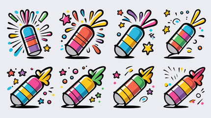 Colorful party poppers exploding with confetti and stars, celebrating festive occasions with vibrant bursts of joy and excitement.