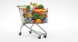 © Erisna Yolanda - A metal shopping cart overflowing with a variety of groceries including fresh produce, dairy, baked goods, and packaged items, sits on a plain white background