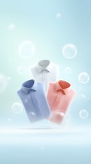 Poster - Three floating shirts in pastel colors, white, blue, and pink, surrounded by bubbles against a soft gradient background, showcasing a fresh and clean laundry concept