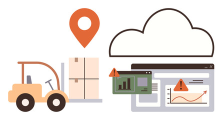 Poster - Forklift transporting boxes, location marker, cloud representing digital data storage, analytical graphs, system warnings. Ideal for logistics, transportation, supply chain, inventory management