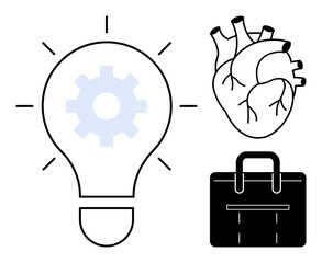 Poster - Light bulb with gear inside, human heart sketch, and suitcase symbolize creativity, emotion, and career goals. Ideal for innovation, growth, motivation, work-life balance business productivity