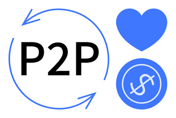 Poster - P2P sign encircled by arrows, blue heart, and dollar coin. Ideal for finance, connectivity, sharing, donation, trust community collaboration. Represents simple flat metaphor