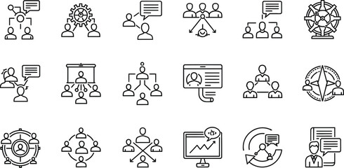 Vector art of set of linear icons related to business structure, team network, communication, management, organization, meeting, chart, diagram, hierarchy, strategy, leadership