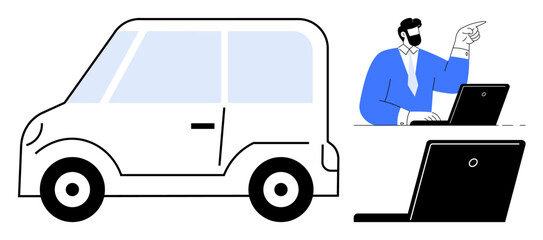 Poster - Compact car alongside businessman pointing at screen while seated with a laptop. Ideal for transportation, technology, business planning, automotive services, innovation, customer support