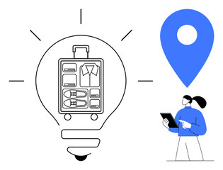 Poster - Organized suitcase inside light bulb symbolizes travel ideas, digital map pointer highlights navigation. Person with tablet represents planning. Ideal for travel, business, logistics, innovation