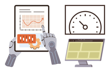 Poster - Robotic arm interacting with a tablet showing a growth chart and settings icon. Adjacent speed gauge and computer screen emphasize digital analysis, automation, and technology. Ideal for AI