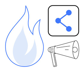 Poster - Fire flame, network connection node in a square, megaphone. Ideal for communication, connections, creativity, marketing, influence, social sharing dynamic messaging simple landing page