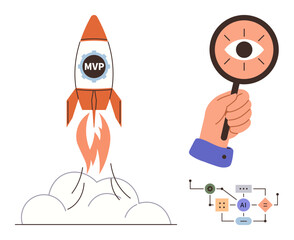 Poster - Startup rocket labeled MVP takes off, magnifying glass reveals data insights, AI workflow illustrates automation. Ideal for innovation, startups, entrepreneurship, AI, data, analysis development