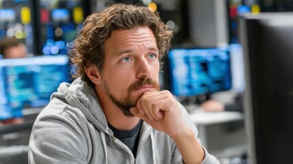Tech Professional in Thought: A focused tech professional contemplates amidst a complex array of digital displays, embodying the intensity and intellect of modern technology and the digital age.