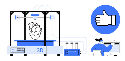 Poster - 3D printer crafting a human heart model while a scientist observes progress on a computer. Ideal for healthcare, innovation, technology, research, medical advancement, future design, simple landing