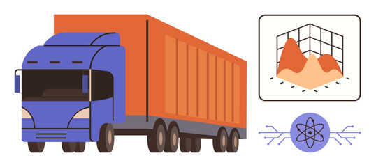Poster - Blue freight truck next to 3D graph and atomic structure graphic symbolizing AI, logistics, data-driven efficiency, research, connectivity, planning, innovation. Ideal for supply chain themes. Simple