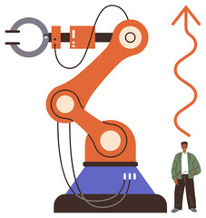 Poster - Robotic arm with gripper, figure beside it, upward arrow indicating growth, innovation, and technology. Ideal for automation, technology, industry, robotics progress collaboration simple flat