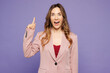 © ViDi Studio - Young proactive smart woman wear beige jacket formal clothes holding index finger up with great new idea look camera isolated on plain pastel light purple background studio portrait Lifestyle concept