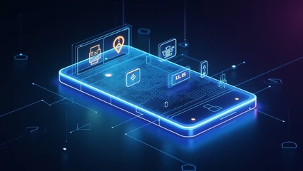 Futuristic smartphone interface with glowing digital icons and network connections, representing advanced technology and connectivity.