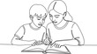 © Tasleem - Continuous line drawing of kids studying and learning together