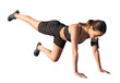 © Mountains Hunter - A young slim athletic girl in sportswear performs a set of exercises. Fitness and healthy lifestyle.