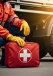 © Sameer - Emergency responder with first aid kit at accident scene ready to help, providing urgent care and support in crucial moments of crisis response
