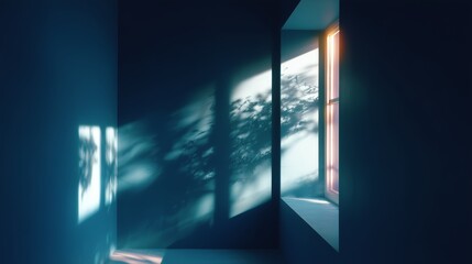 Poster - Sunlight streaming through a window casts shadows in a minimalist room during evening hours