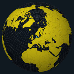 Poster - Denmark on Globe. Country view on the world map in Charcoal Bright Yellow color palette. Denmark shape on map. Globe with meridians, parallels, countries, rivers and lakes.