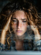 © VicPhoto - Mujer estresada frente a una pantalla con efecto digital distorsionado
