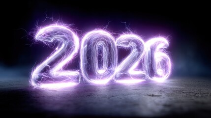 Aufkleber - Bold numbers 2026 are illuminated in bright purple light, displaying electric and vibrant energy. numbers stand against a dark background, creating an eye-catching visual effect