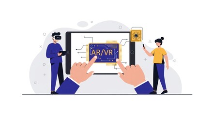 Two people interact with a tablet displaying ARVR technology