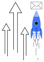 Poster - Rocket lifting off alongside upward arrows and envelope symbolizing progress, innovation, and success. Ideal for startup growth, business development, digital communication, innovation, rapid