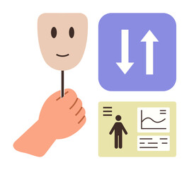 Aufkleber - Hand holding a smiling mask, upward and downward arrows, and a dashboard featuring user data and graphs. Ideal for anonymity, deception, identity, data analysis, decision-making, personal