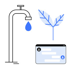 Poster - Faucet releasing droplet, blue leaf symbolizing sustainability, chat window for communication. Ideal for water saving, eco awareness, online interaction, green tech, clean energy, teamwork simple